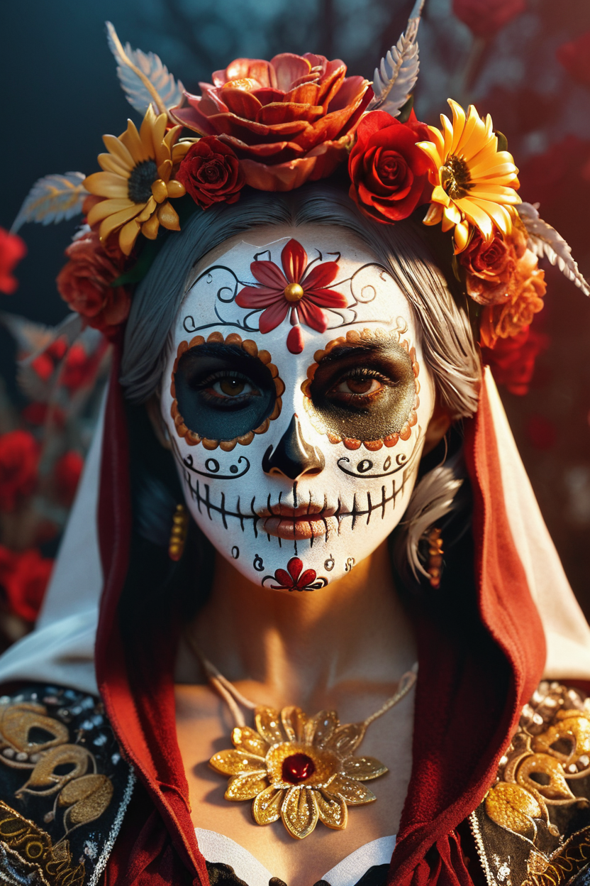 11115-24232114-woman dressed sugar skull costume flowers, amazing octane render, thick dust red tones, wearing golden halo, saint woman, white.png